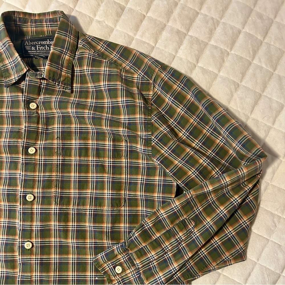 Vintage Abercrombie & Fitch Green & Orange Plaid Men's Button Down Shirt - Picture 3 of 5